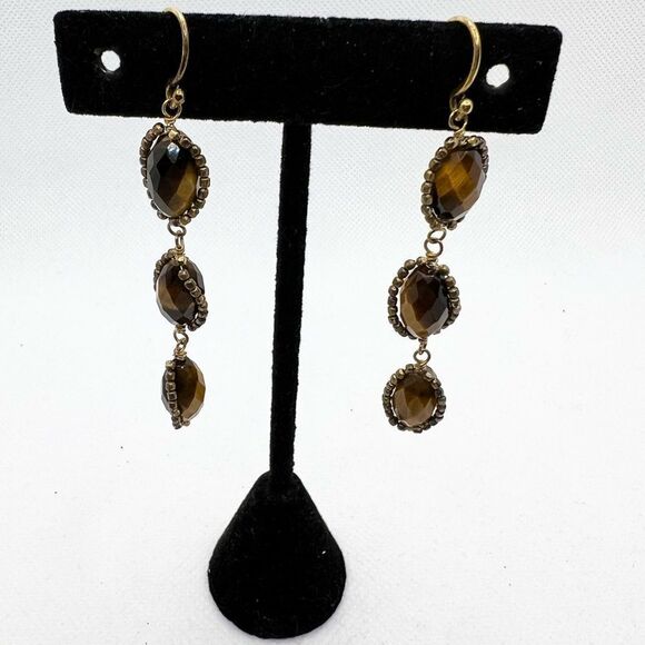 Faceted brown beaded drop dangle earrings - Picture 1 of 7